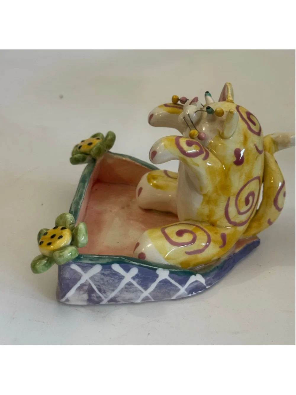 Vintage 1998 Lacombe Ceramic Cat Trinket Dish Whimsical Folk Art Decor